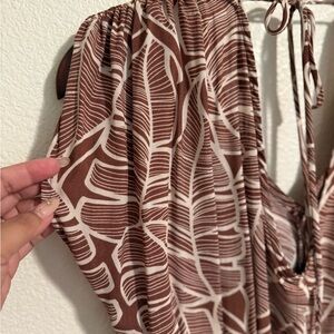 Brown and White leaf print wide leg jumpsuit